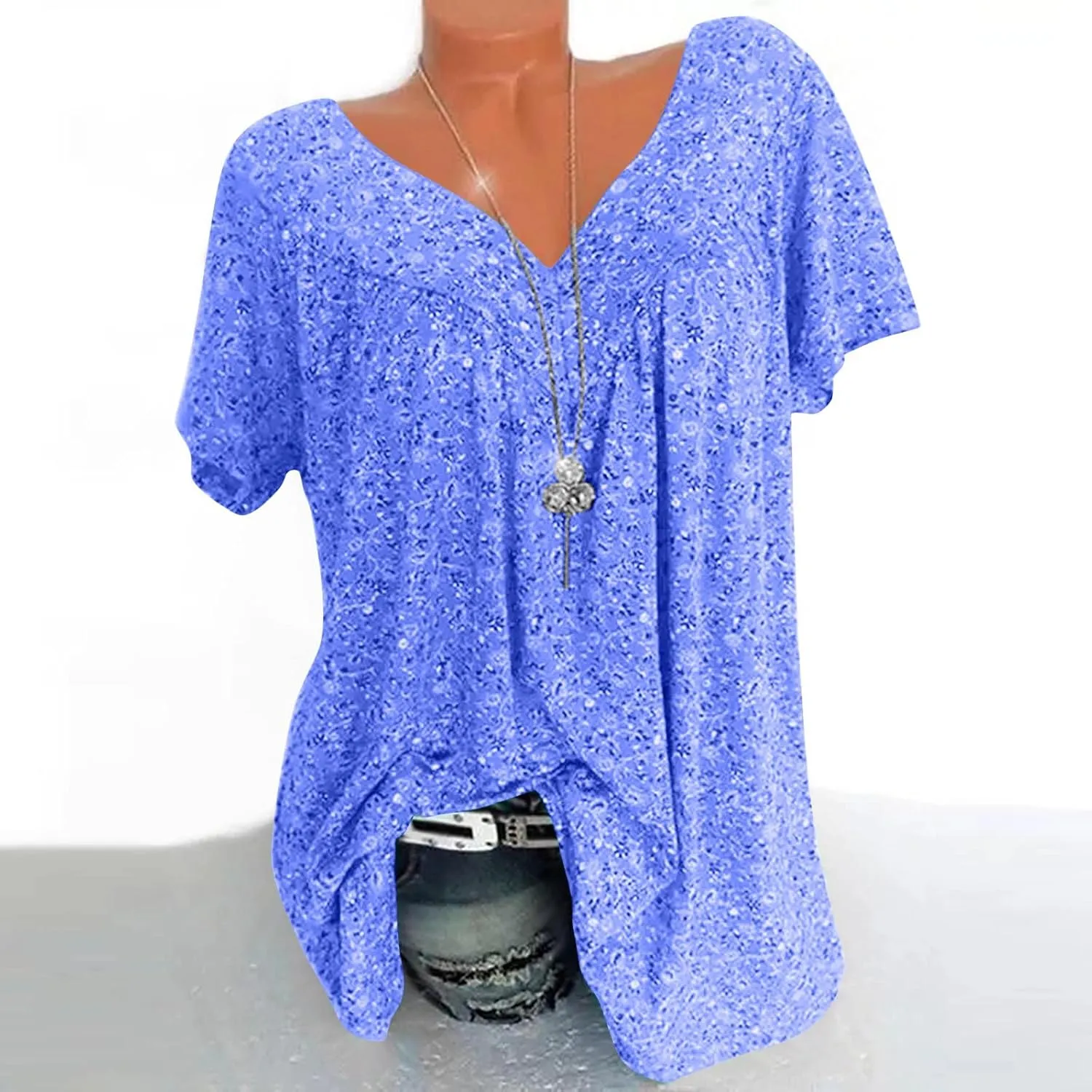 Womens Summer Tops Short Sleeve Floral Shirts Casual Boho V Neck Tshirts Hide Belly Fat Vacation Tunic Dressy Blouses