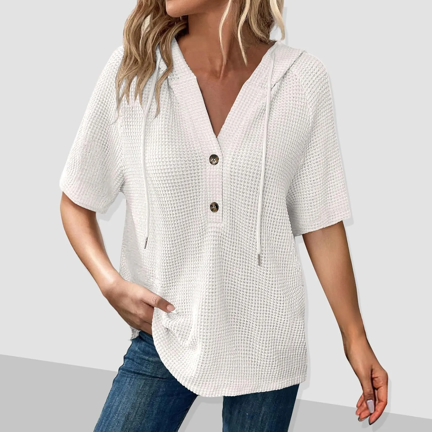 Womens Summer Waffle Knit Short Sleeve Tops Lightweight Drawstring Hoodies Button V Neck Casual Blouse Hooded Shirts