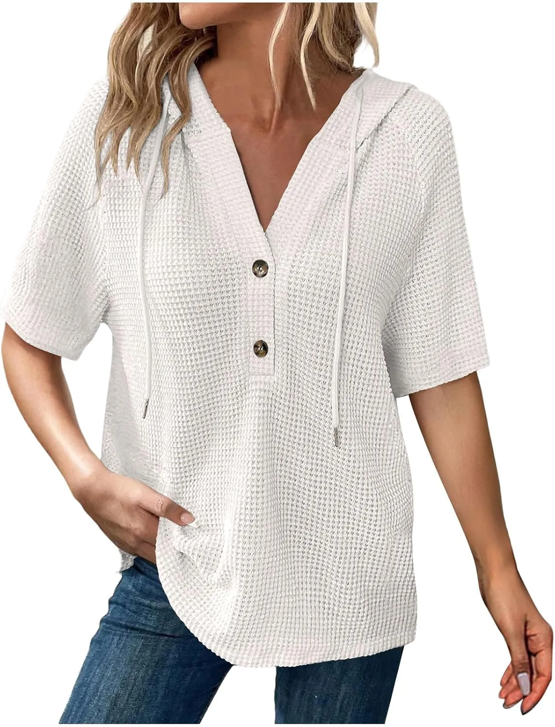 Womens Summer Waffle Knit Short Sleeve Tops Lightweight Drawstring Hoodies Button V Neck Casual Blouse Hooded Shirts