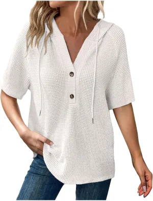 Womens Summer Waffle Knit Short Sleeve Tops Lightweight Drawstring Hoodies Button V Neck Casual Blouse Hooded Shirts
