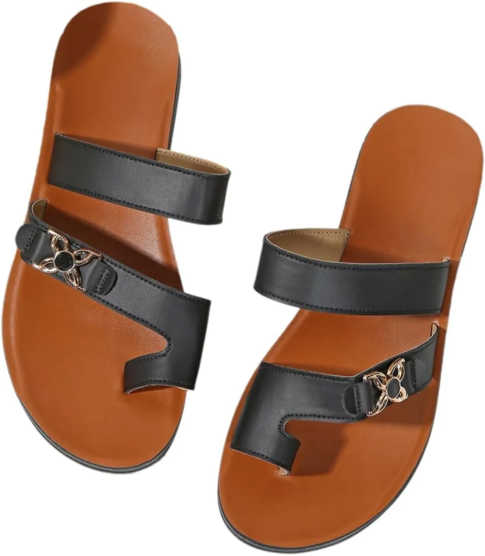 Womens Toe Loop Flat Sandals  Casual Slip-On Summer Sandals with PU Leather Straps, Metal Accent, and Open-Toe Comfort  Stylish Flats for Beach, Travel, Daily Wear & Vacations