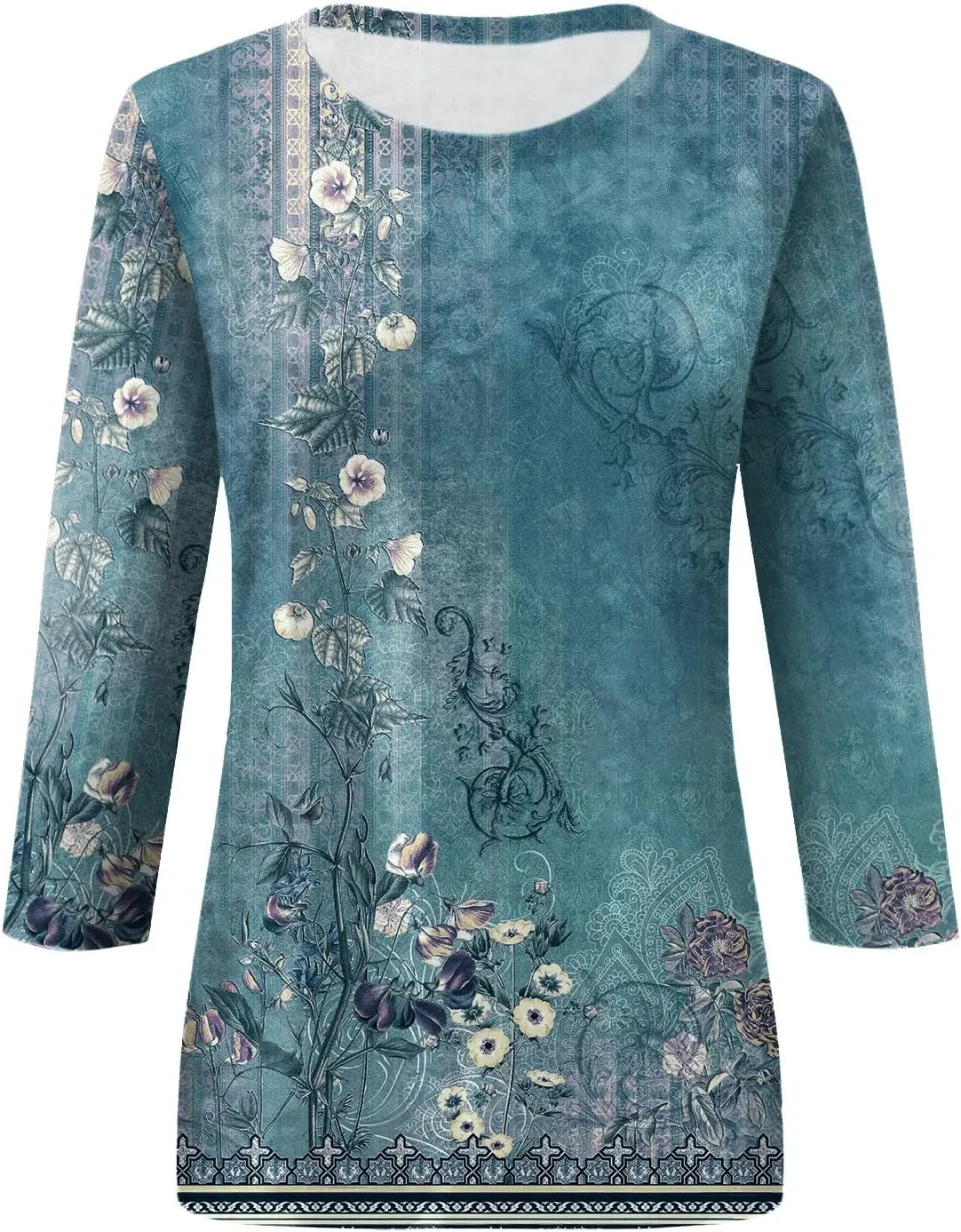 Womens Tops 3/4 Sleeve Crewneck Cute Shirts 2024 Casual Print Trendy Tops Length T Shirt Summer Pullover