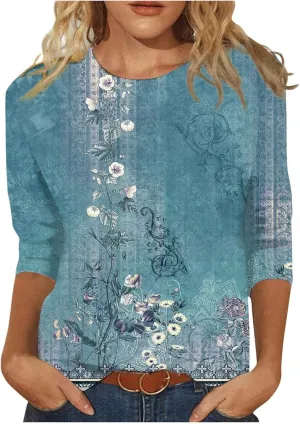 Womens Tops 3/4 Sleeve Crewneck Cute Shirts 2024 Casual Print Trendy Tops Length T Shirt Summer Pullover