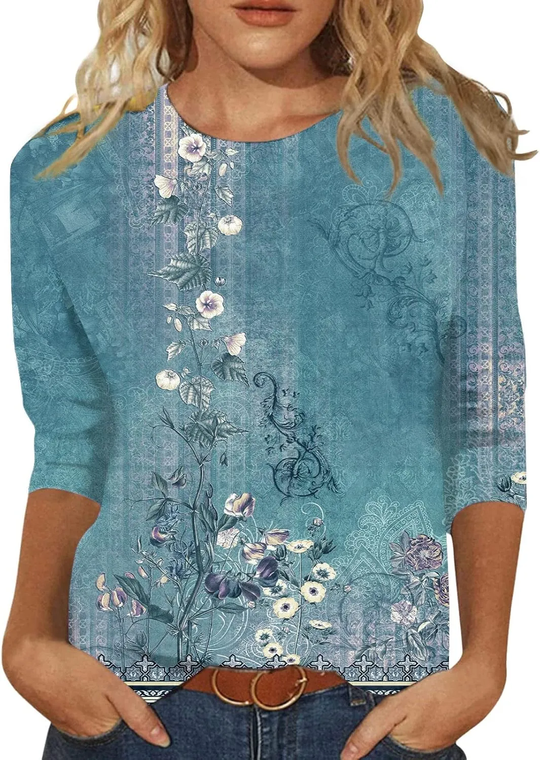Womens Tops 3/4 Sleeve Crewneck Cute Shirts 2024 Casual Print Trendy Tops Length T Shirt Summer Pullover