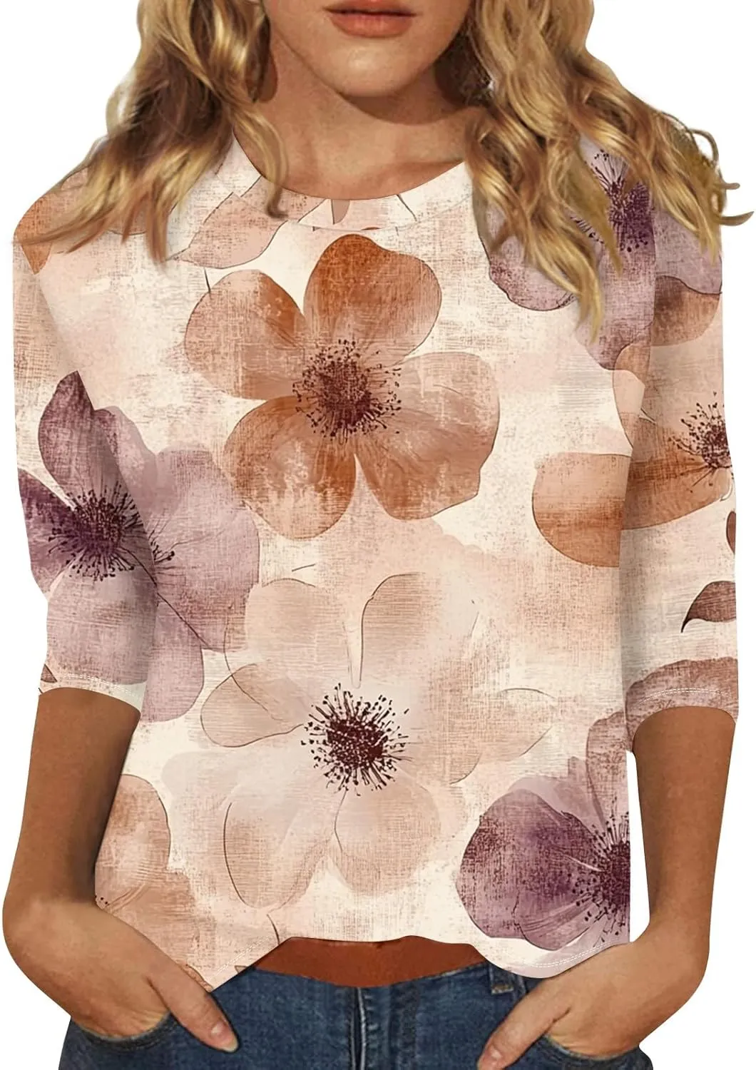 Women's Tops 3/4 Sleeve Plus Size Summer Outfits Trendy Round Neck Loose Casual Tshirts Summer Fashion Graphic Tees