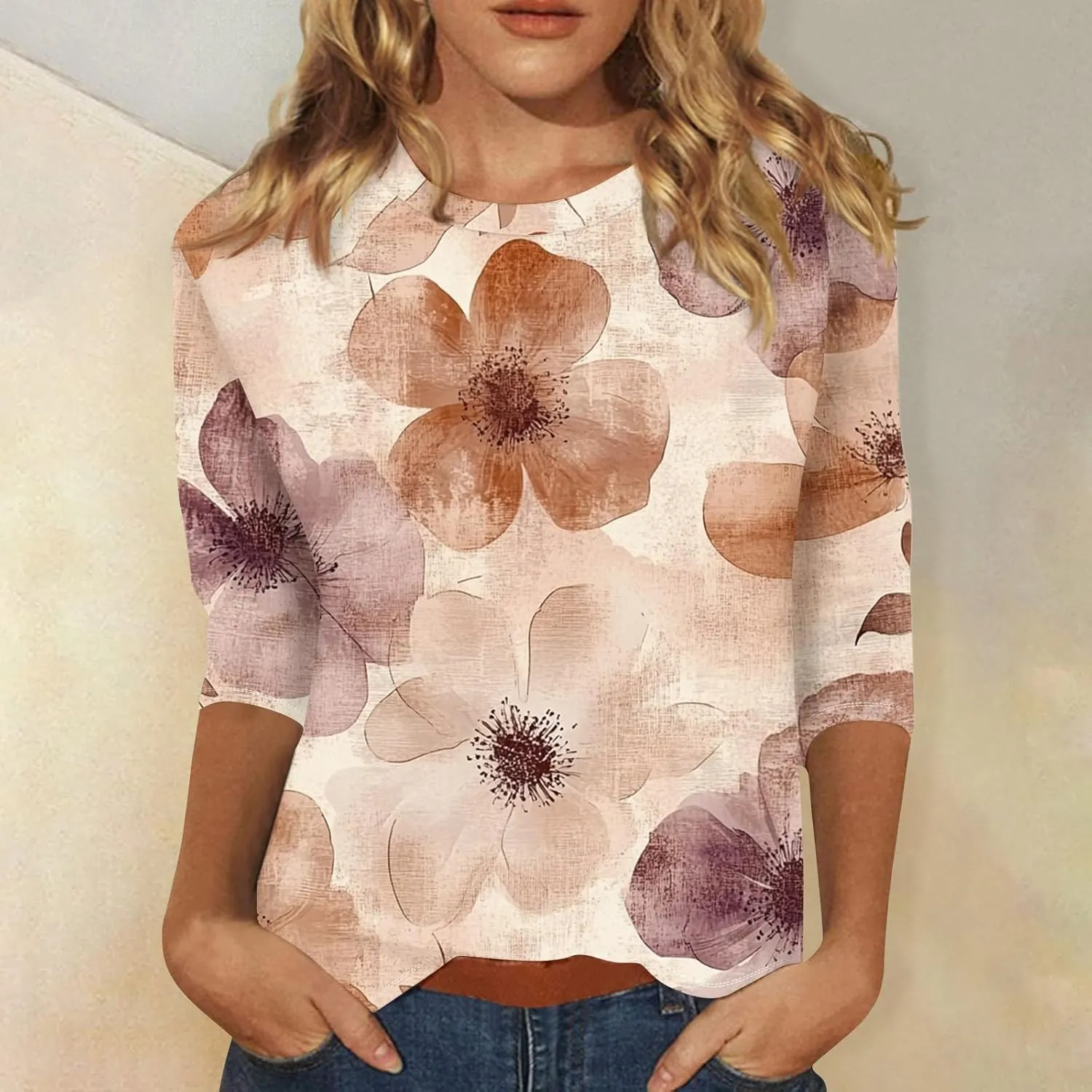 Women's Tops 3/4 Sleeve Plus Size Summer Outfits Trendy Round Neck Loose Casual Tshirts Summer Fashion Graphic Tees