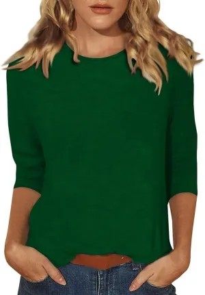 Womens Tops 3/4 Sleeve Shirts Crew Neck Loose Casual Dressy Blouses Floral Fashion Print Tshirts Plain Basic Cute Tees