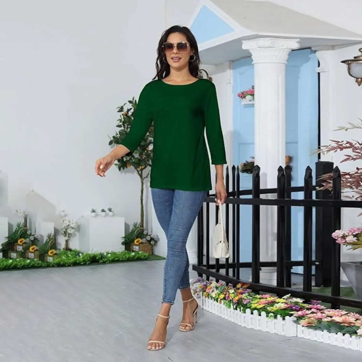Womens Tops 3/4 Sleeve Shirts Crew Neck Loose Casual Dressy Blouses Floral Fashion Print Tshirts Plain Basic Cute Tees