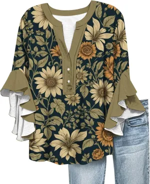 Womens Tops Casual Plus Size V Neck 3/4 Sleeve Summer Flowy Ruffle Sleeve Half Button Down Shirts Floral Print Blouses