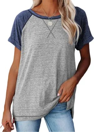 Womens Tops Crewneck Raglan Summer T Shirts Casual Short Sleeve Side Split Tee Shirts