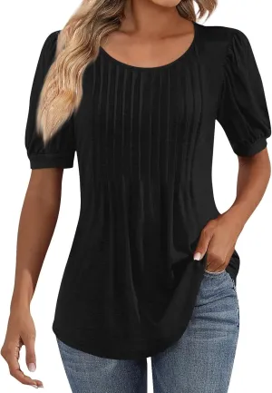 Womens Tops Petal Short Sleeve Summer Casual Crew Neck Shirts Floral Solid Blouse Pleated Tunics