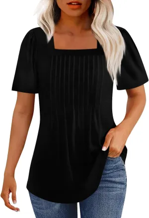Womens Tops Petal Short Sleeve Summer Casual Crew Neck Shirts Floral Solid Blouse Pleated Tunics