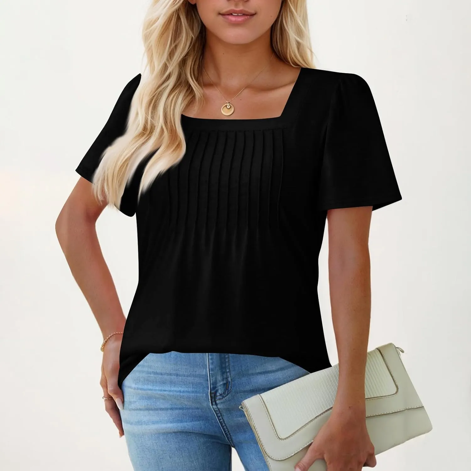 Womens Tops Petal Short Sleeve Summer Casual Crew Neck Shirts Floral Solid Blouse Pleated Tunics