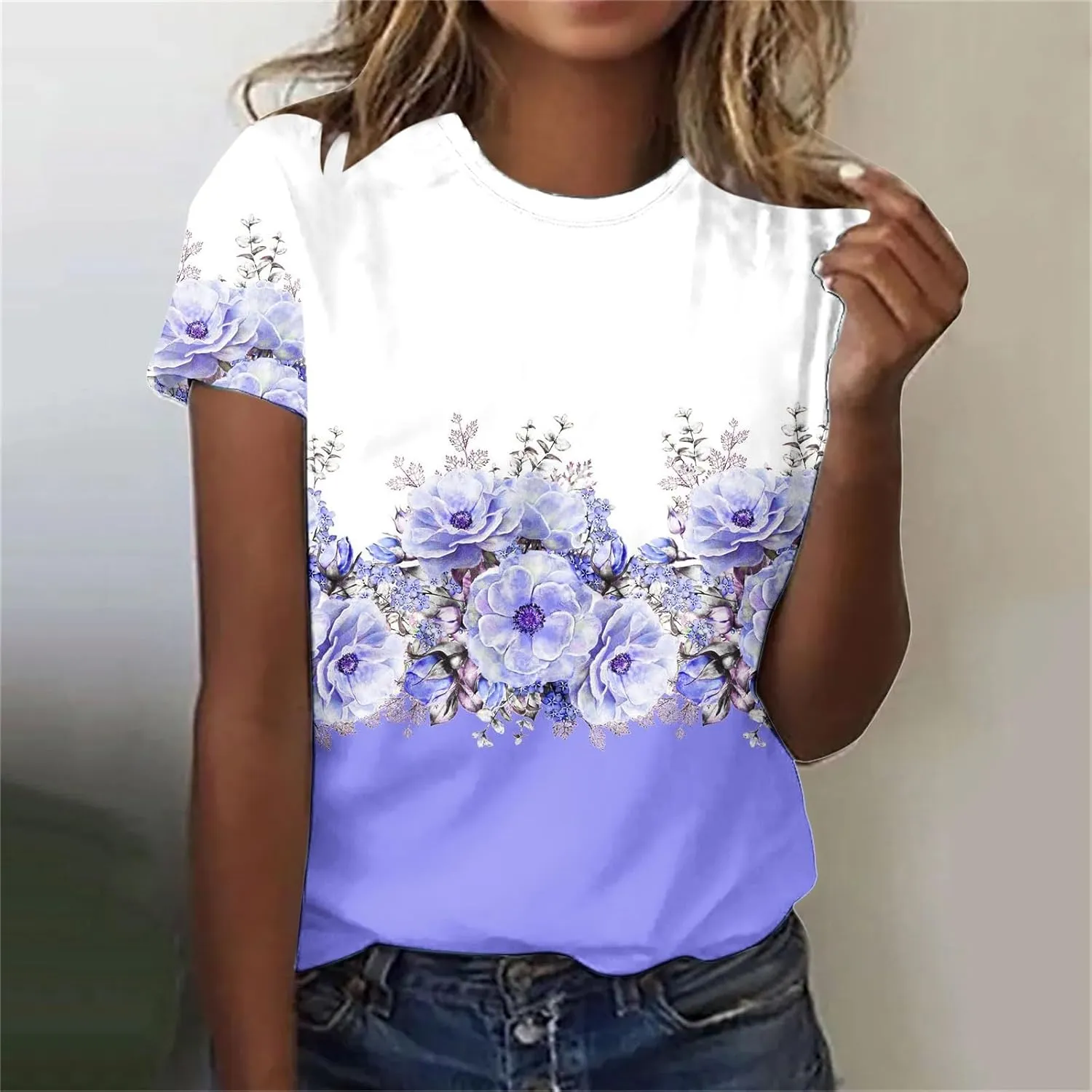 Womens Tops Short Sleeve Loose Fit Floral Print Crewneck Pullover Blouse Causal Graphic Tee Shirts Trendy Clothes