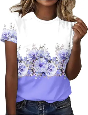 Womens Tops Short Sleeve Loose Fit Floral Print Crewneck Pullover Blouse Causal Graphic Tee Shirts Trendy Clothes