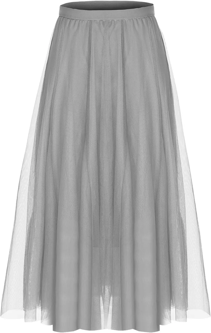 Womens Tulle Skirt Elegant Pleated Skirts for Women Midi Length Elastic Waist Skirts Party Evening A Line Tutu Skirts
