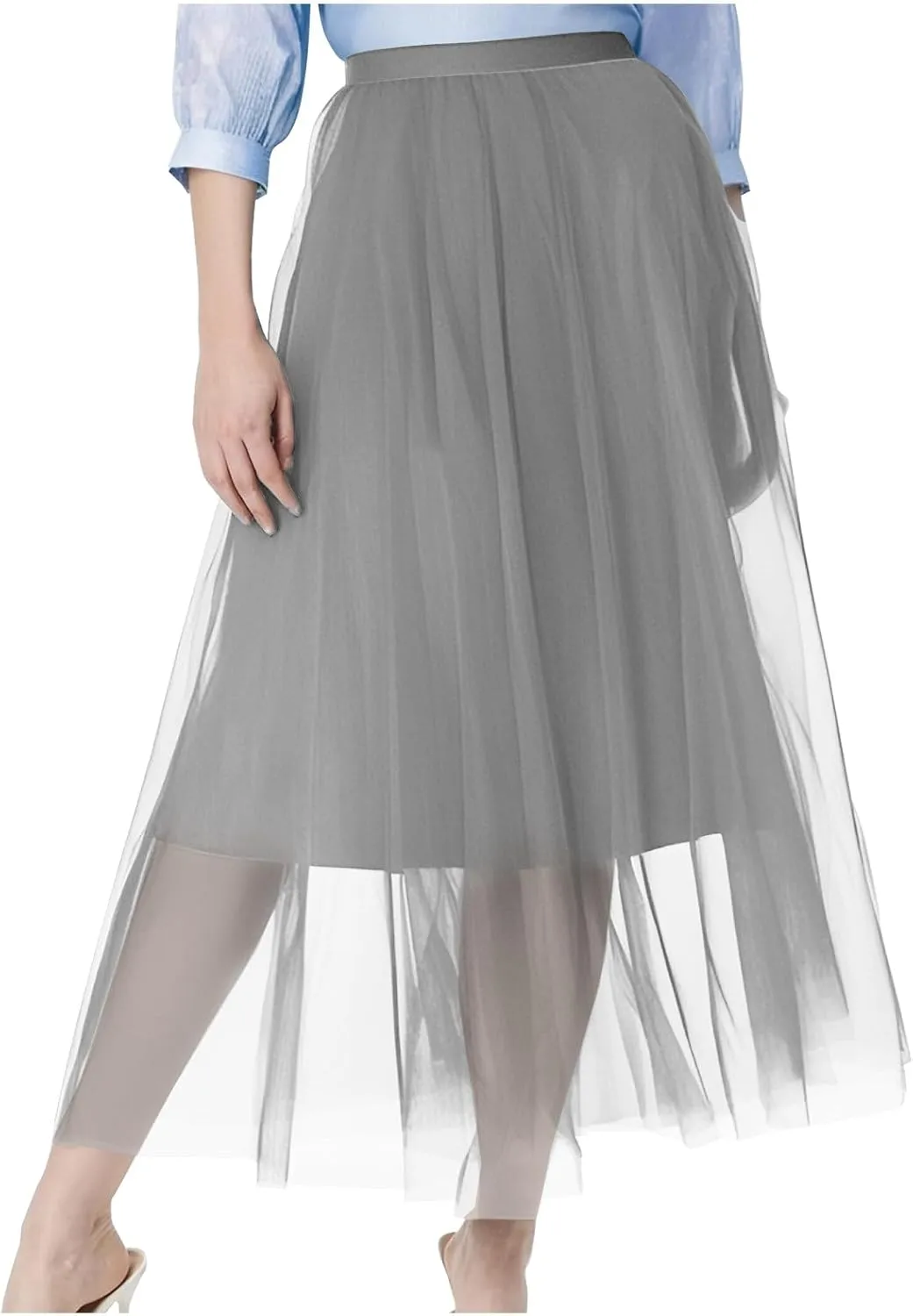 Womens Tulle Skirt Elegant Pleated Skirts for Women Midi Length Elastic Waist Skirts Party Evening A Line Tutu Skirts