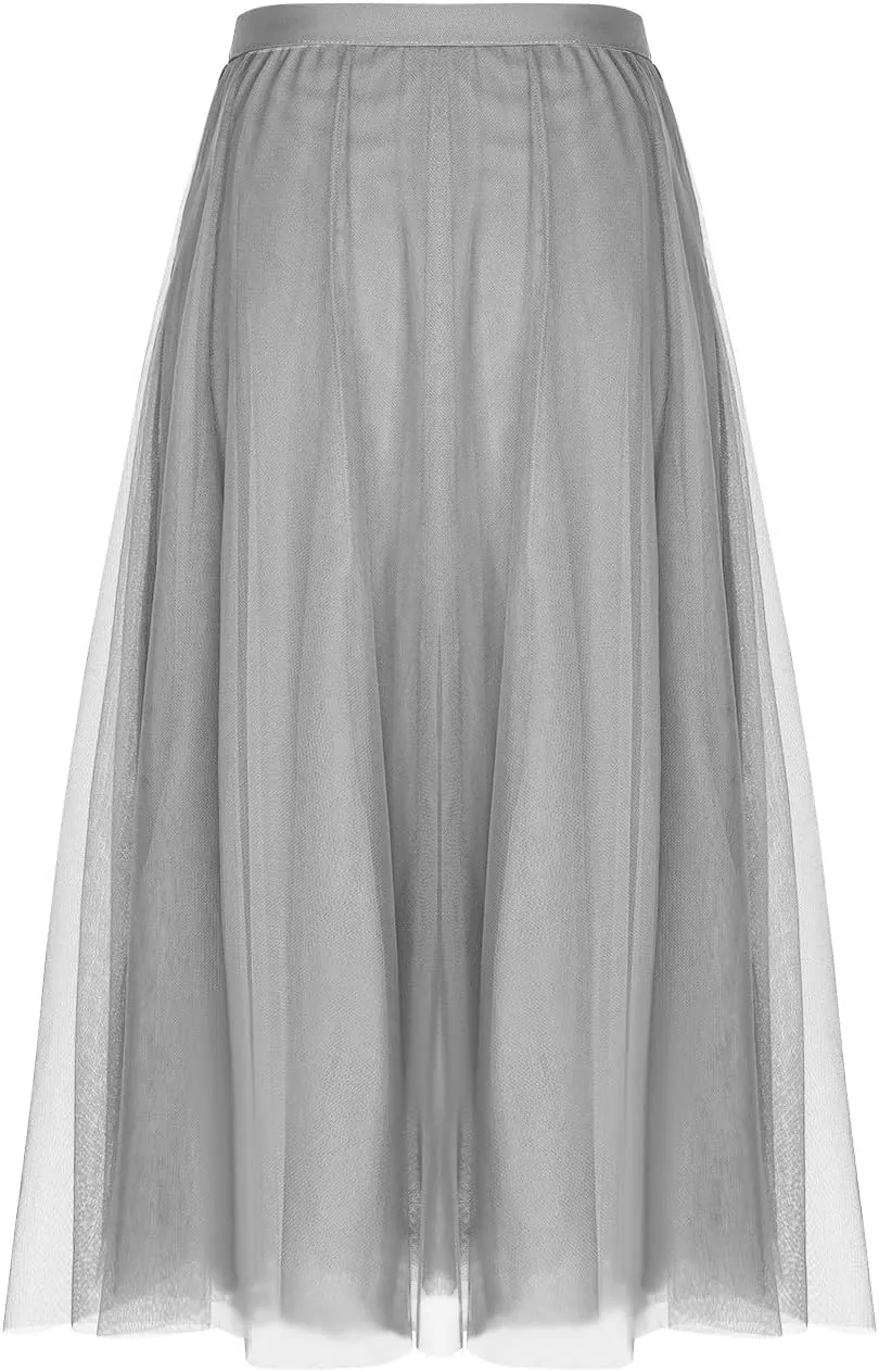 Womens Tulle Skirt Elegant Pleated Skirts for Women Midi Length Elastic Waist Skirts Party Evening A Line Tutu Skirts