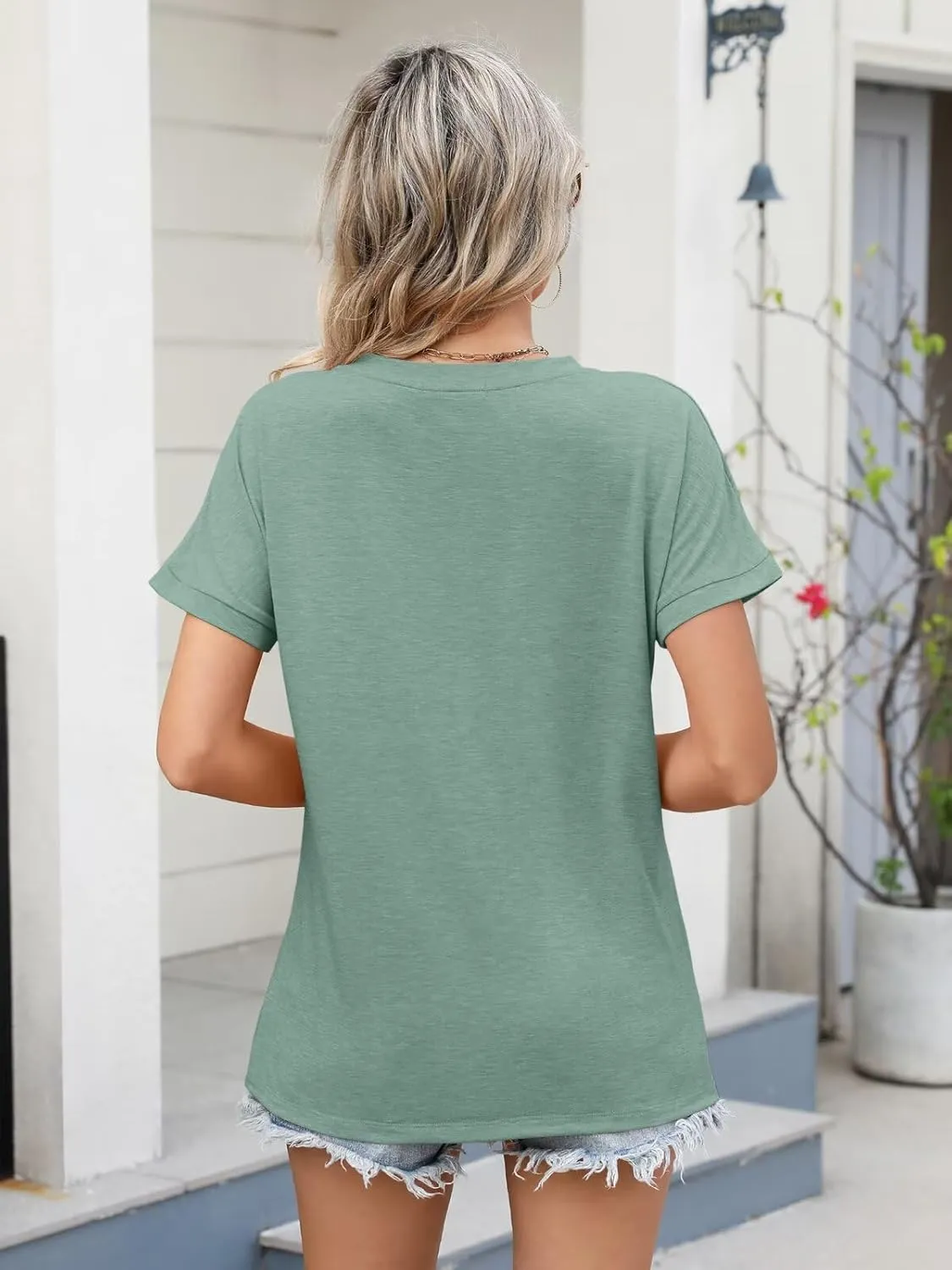 Womens V Neck Short Sleeve T Shirts Summer Basic Batwing Sleeve Tops Loose Fit Tees 2025