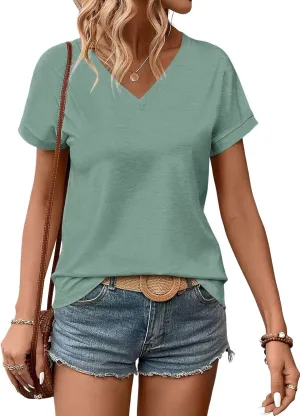 Womens V Neck Short Sleeve T Shirts Summer Basic Batwing Sleeve Tops Loose Fit Tees 2025