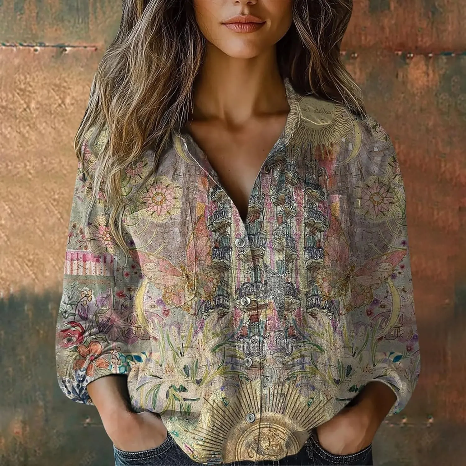 Women's Vintage Floral Print Button Down Shirt Fashion Lightweight Linen Long Sleeve Blouse Boho Ethnic Casual Tops