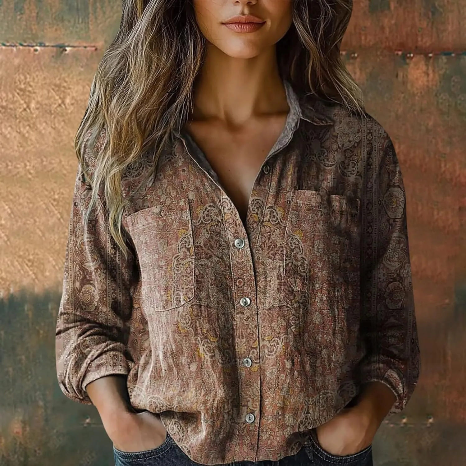 Women's Vintage Floral Print Button Down Shirt Fashion Lightweight Linen Long Sleeve Blouse Boho Ethnic Casual Tops