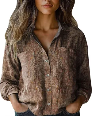 Women's Vintage Floral Print Button Down Shirt Fashion Lightweight Linen Long Sleeve Blouse Boho Ethnic Casual Tops