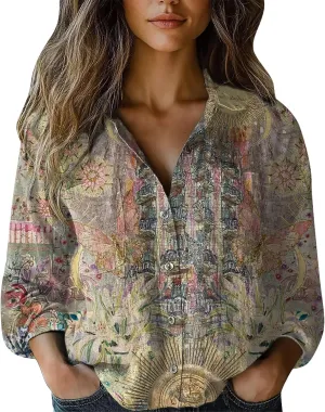 Women's Vintage Floral Print Button Down Shirt Fashion Lightweight Linen Long Sleeve Blouse Boho Ethnic Casual Tops