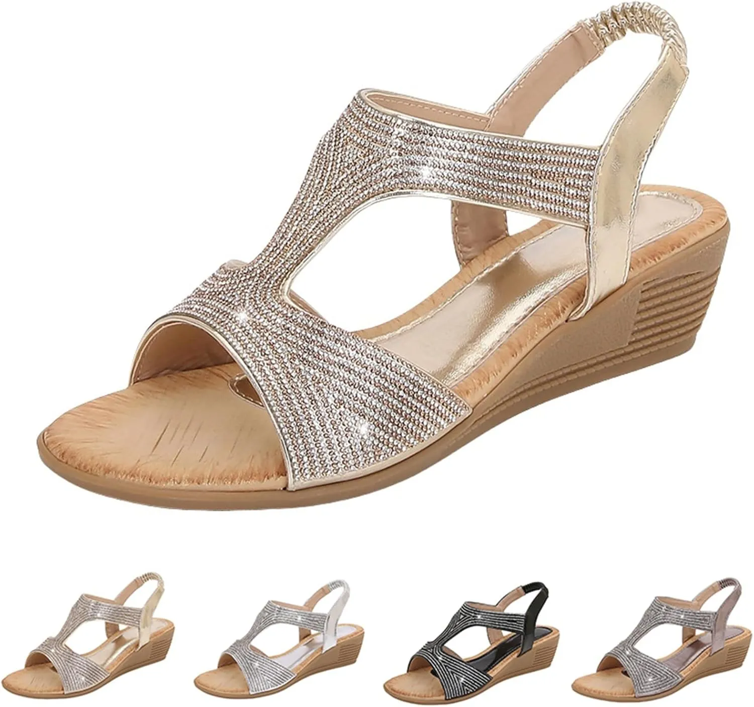 Womens Wedge Sandals Elastic Strap Bohemia Sandals Comfortable Summer Open Toe Sparkly Rhinestone Dress Shoes
