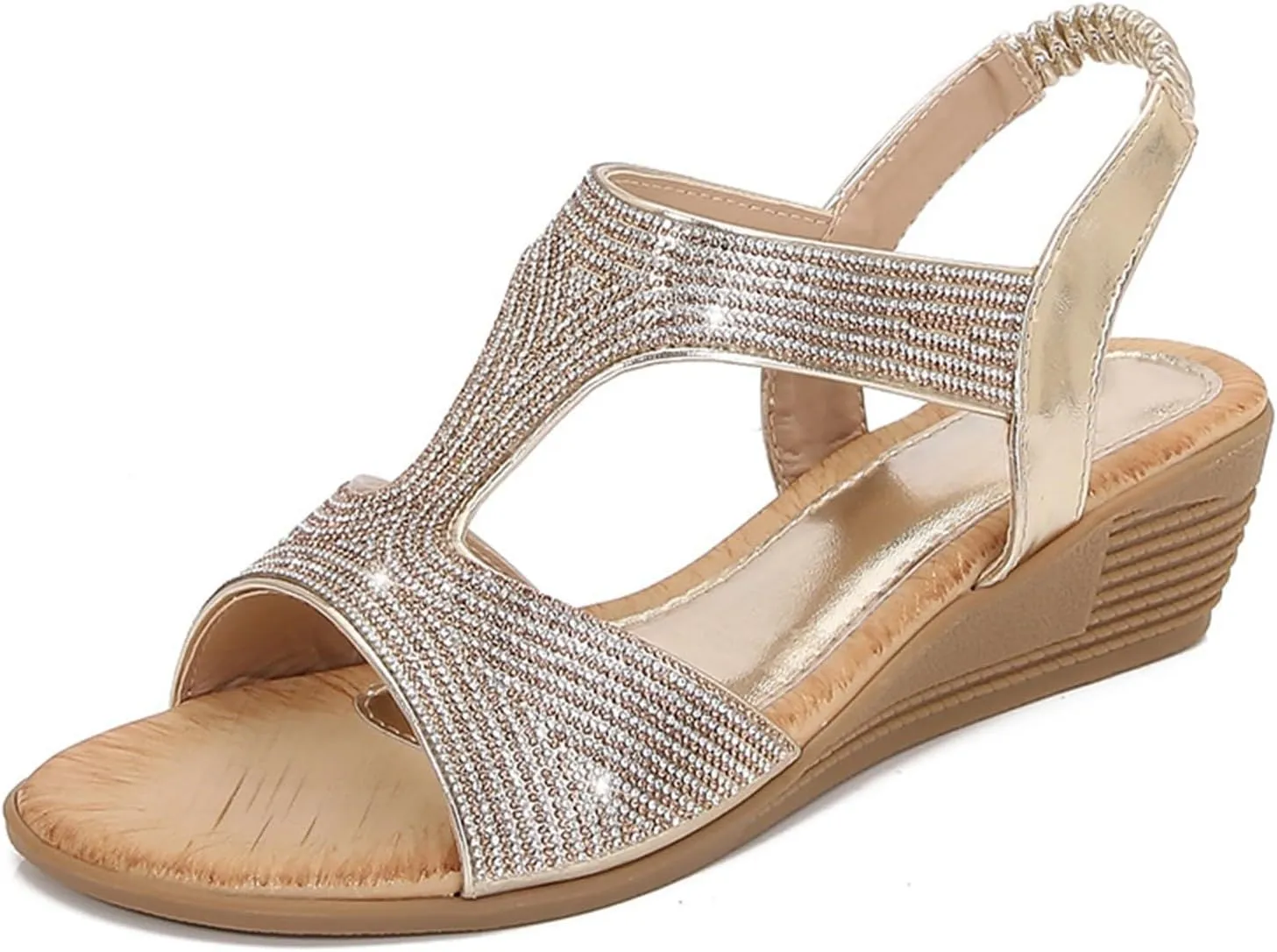 Womens Wedge Sandals Elastic Strap Bohemia Sandals Comfortable Summer Open Toe Sparkly Rhinestone Dress Shoes