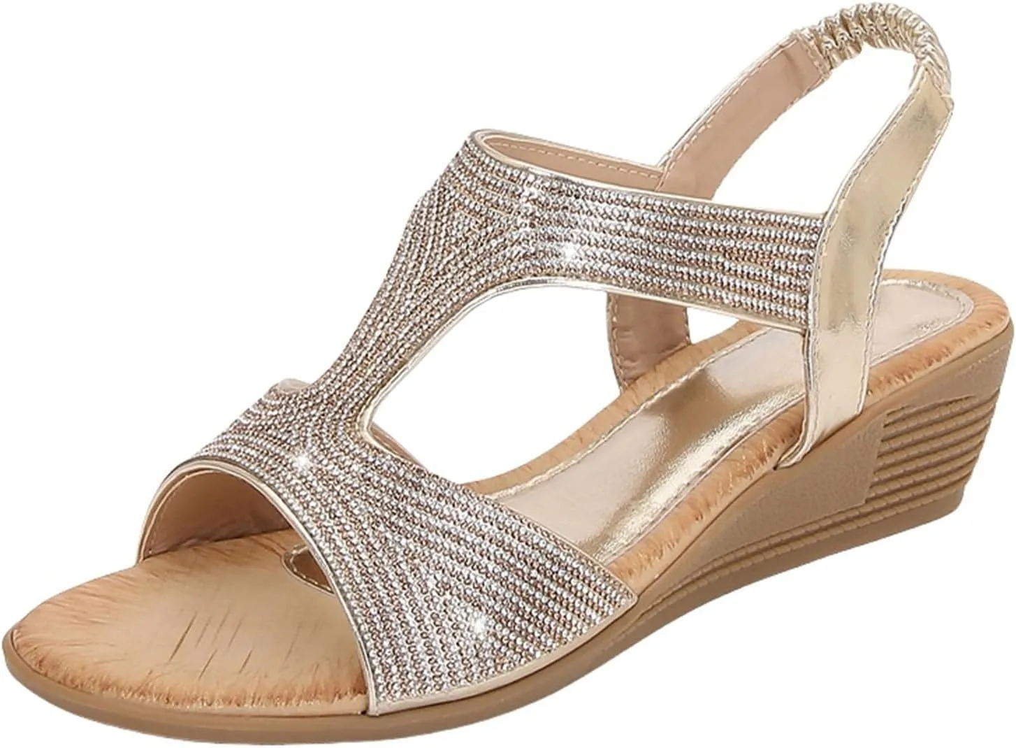Womens Wedge Sandals Elastic Strap Bohemia Sandals Comfortable Summer Open Toe Sparkly Rhinestone Dress Shoes