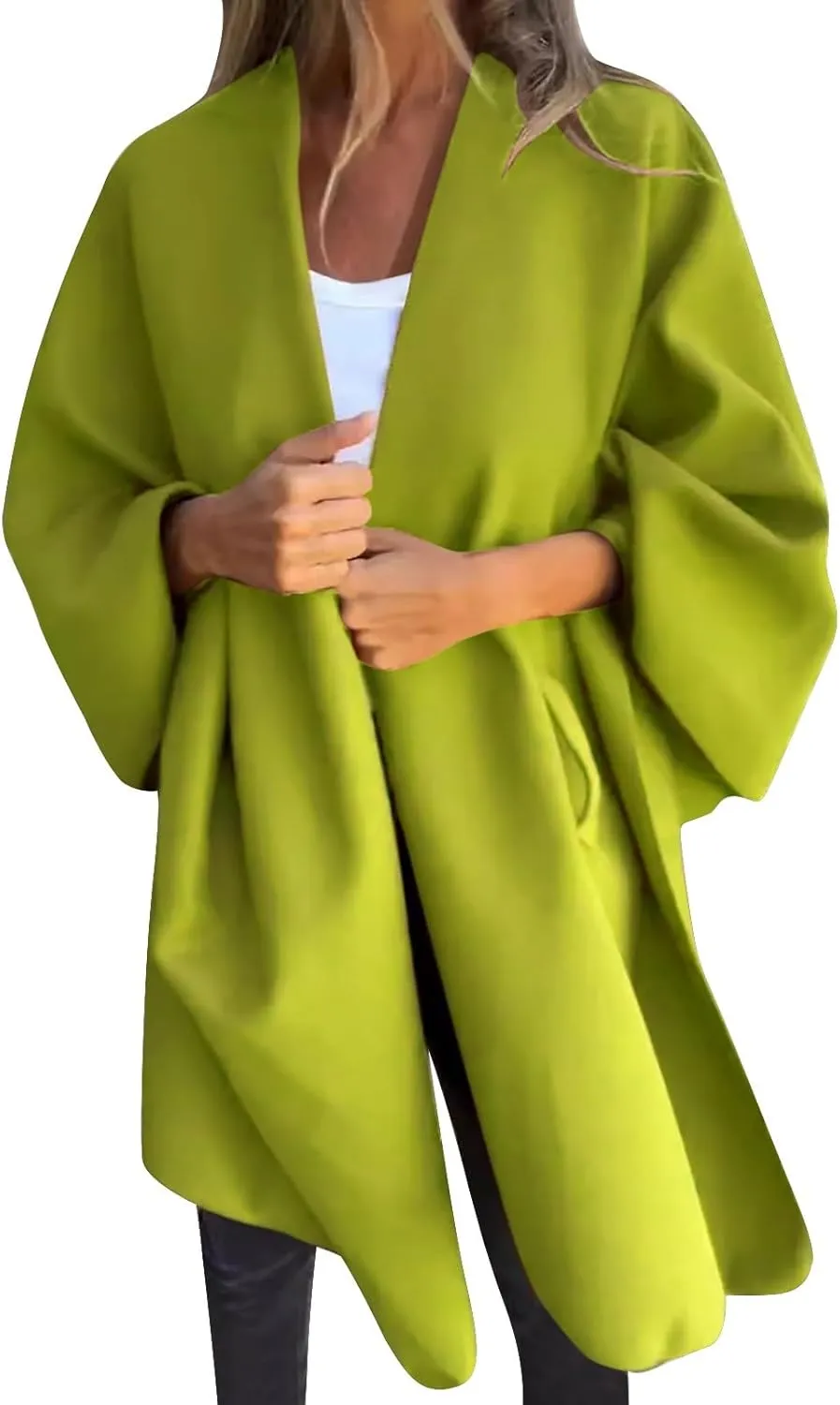 Womens Winter Loose Cape Jackets Solid Open Front Bow Knot Blanket Cloak Coat Fashion Casual Wool Poncho Copes
