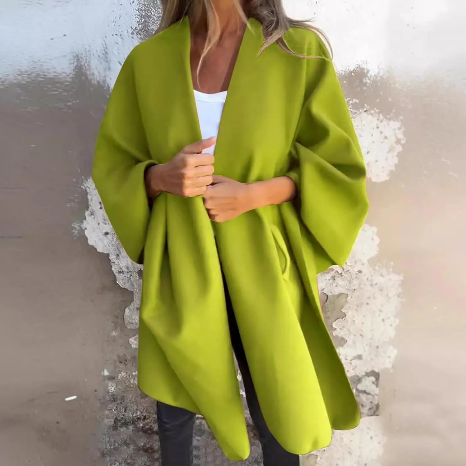 Womens Winter Loose Cape Jackets Solid Open Front Bow Knot Blanket Cloak Coat Fashion Casual Wool Poncho Copes
