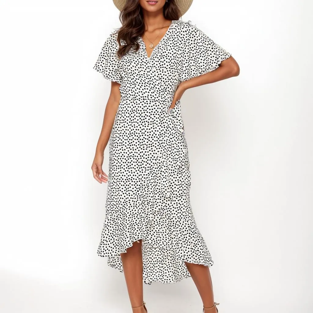 Women's Wrap V Neck Tie Front Midi Dress Ditsy Floral Ruffle Short Sleeve High Low Irregular Hem Casual Swing Aline Dress