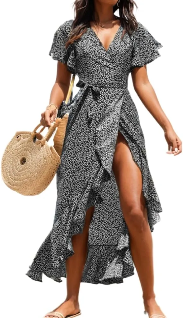 Women's Wrap V Neck Tie Front Midi Dress Ditsy Floral Ruffle Short Sleeve High Low Irregular Hem Casual Swing Aline Dress