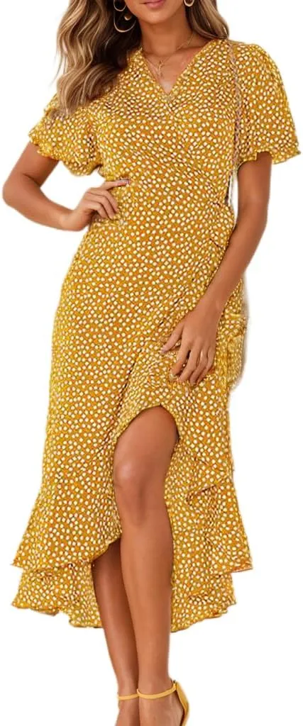 Women's Wrap V Neck Tie Front Midi Dress Ditsy Floral Ruffle Short Sleeve High Low Irregular Hem Casual Swing Aline Dress