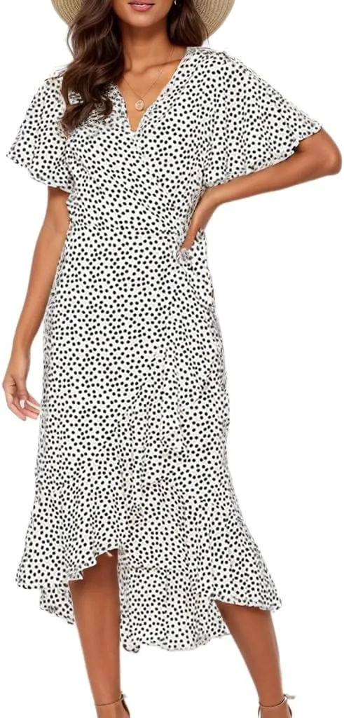 Women's Wrap V Neck Tie Front Midi Dress Ditsy Floral Ruffle Short Sleeve High Low Irregular Hem Casual Swing Aline Dress