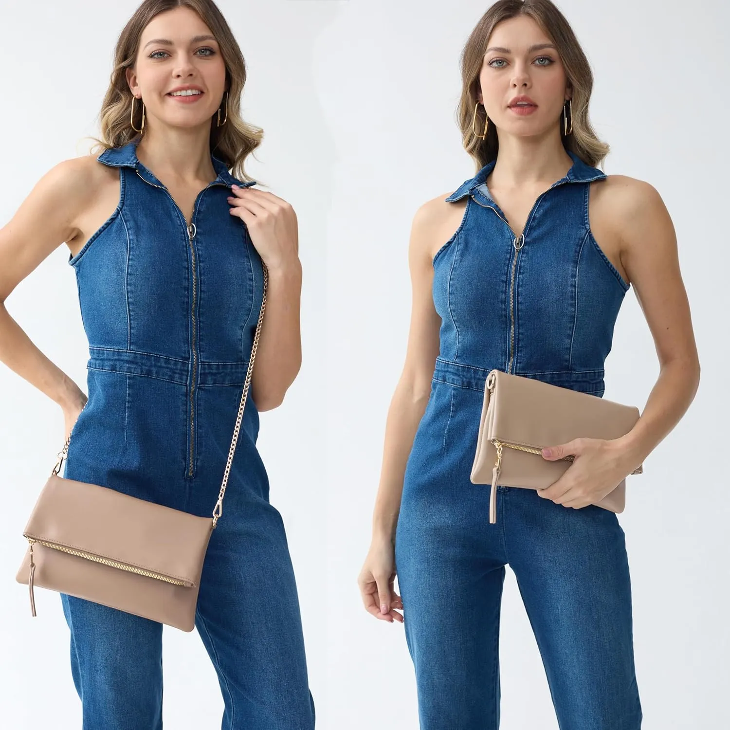 Women's Zipper Foldover Clutch Vegan Leather Envelope Cross body Bag with Chain Strap