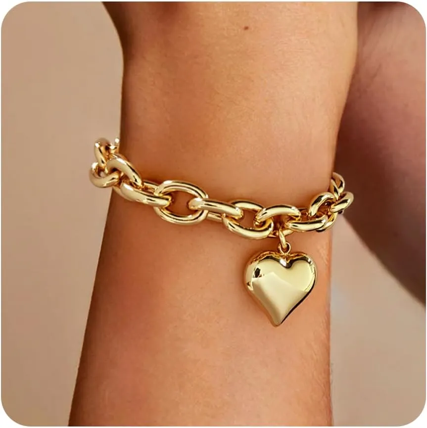 WOWORAMA Gold Heart Bracelets for Women Gold Chunky Link Chain Bracelet Puffy Heart Charm Bracelet Adjustable Thick Chunky Gold Bracelets