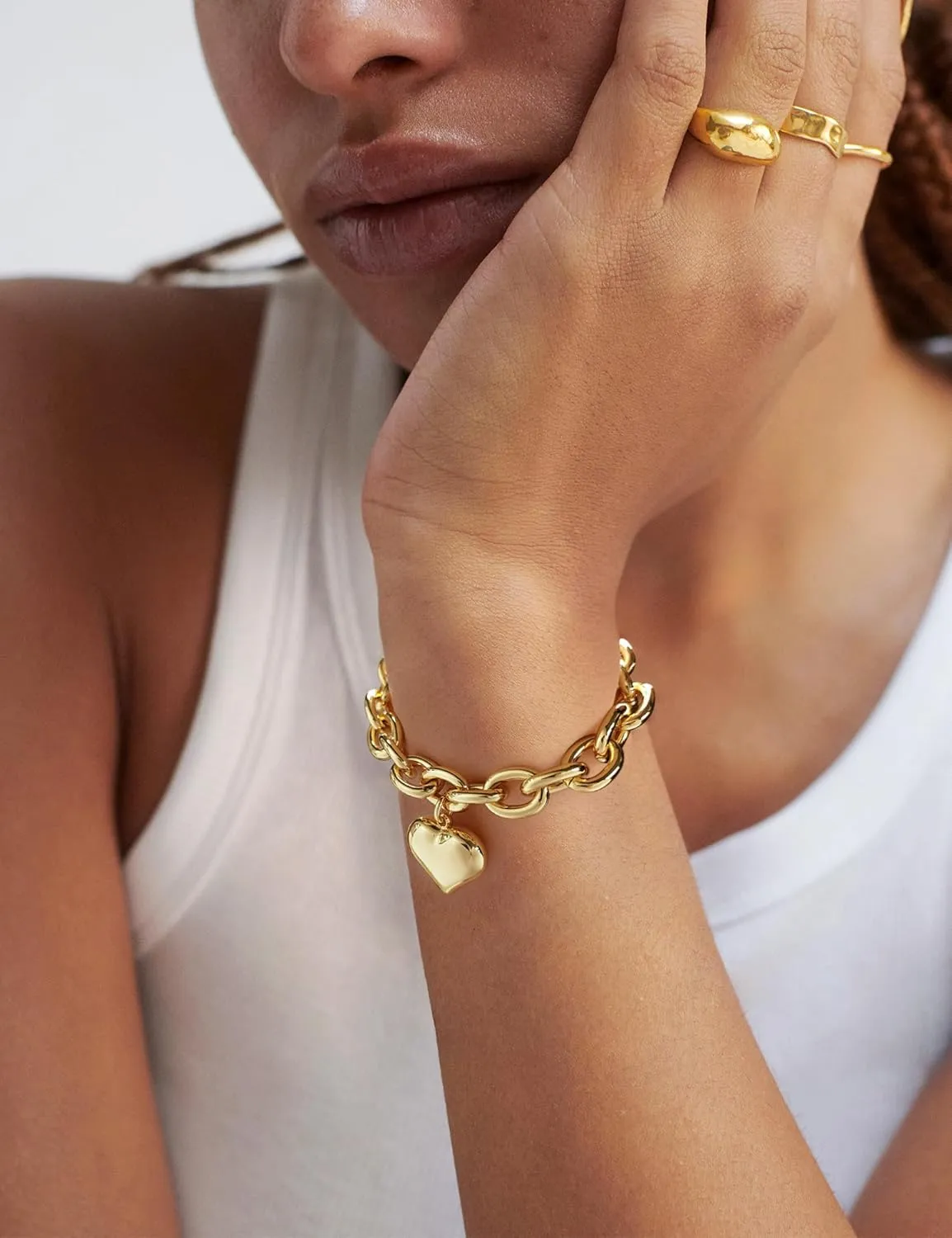 WOWORAMA Gold Heart Bracelets for Women Gold Chunky Link Chain Bracelet Puffy Heart Charm Bracelet Adjustable Thick Chunky Gold Bracelets