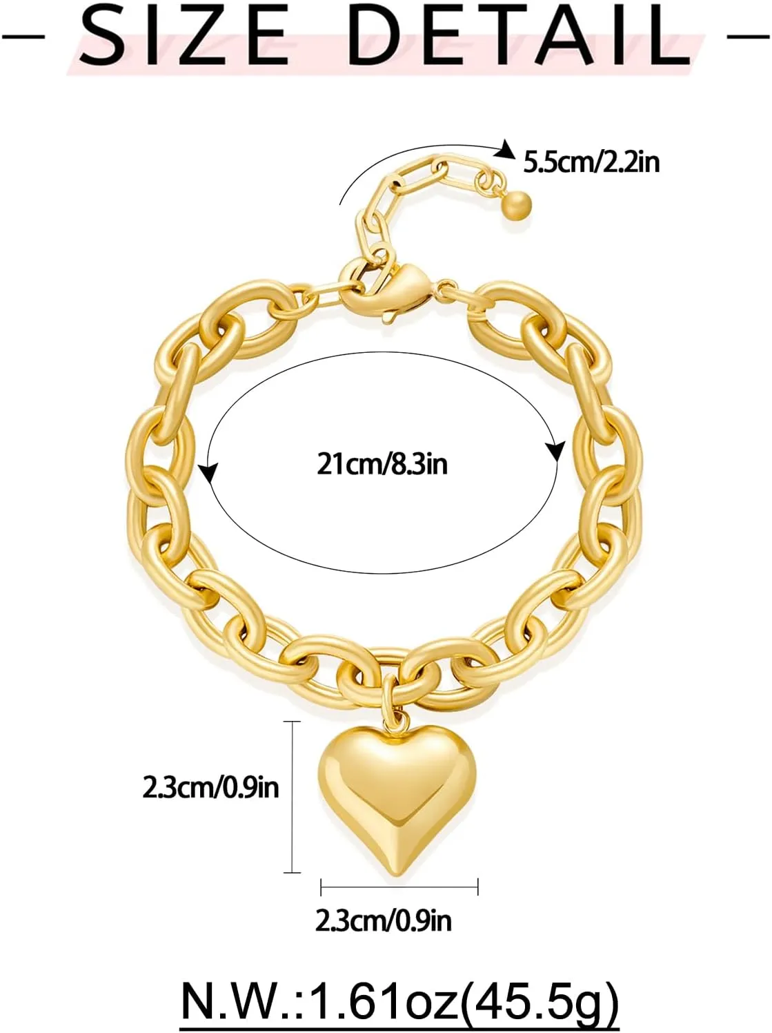 WOWORAMA Gold Heart Bracelets for Women Gold Chunky Link Chain Bracelet Puffy Heart Charm Bracelet Adjustable Thick Chunky Gold Bracelets