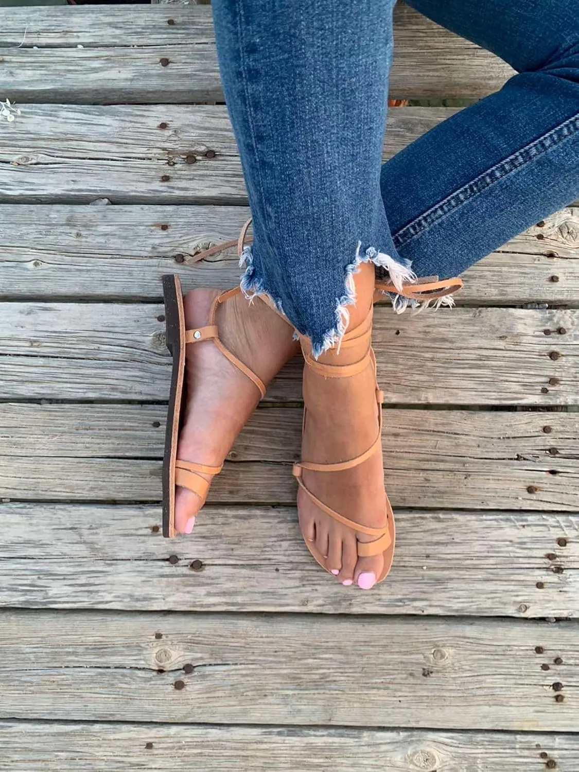 Wrap around lace up black sandals, Greek Sandals, ankle wrap straps, Gladiator sandals, ring toe flats for women, Summer Tie up sandals (US9, Natural)