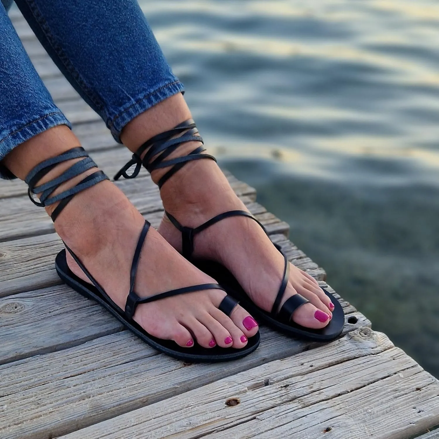 Wrap around lace up black sandals, Greek Sandals, ankle wrap straps, Gladiator sandals, ring toe flats for women, Summer Tie up sandals (US9, Natural)