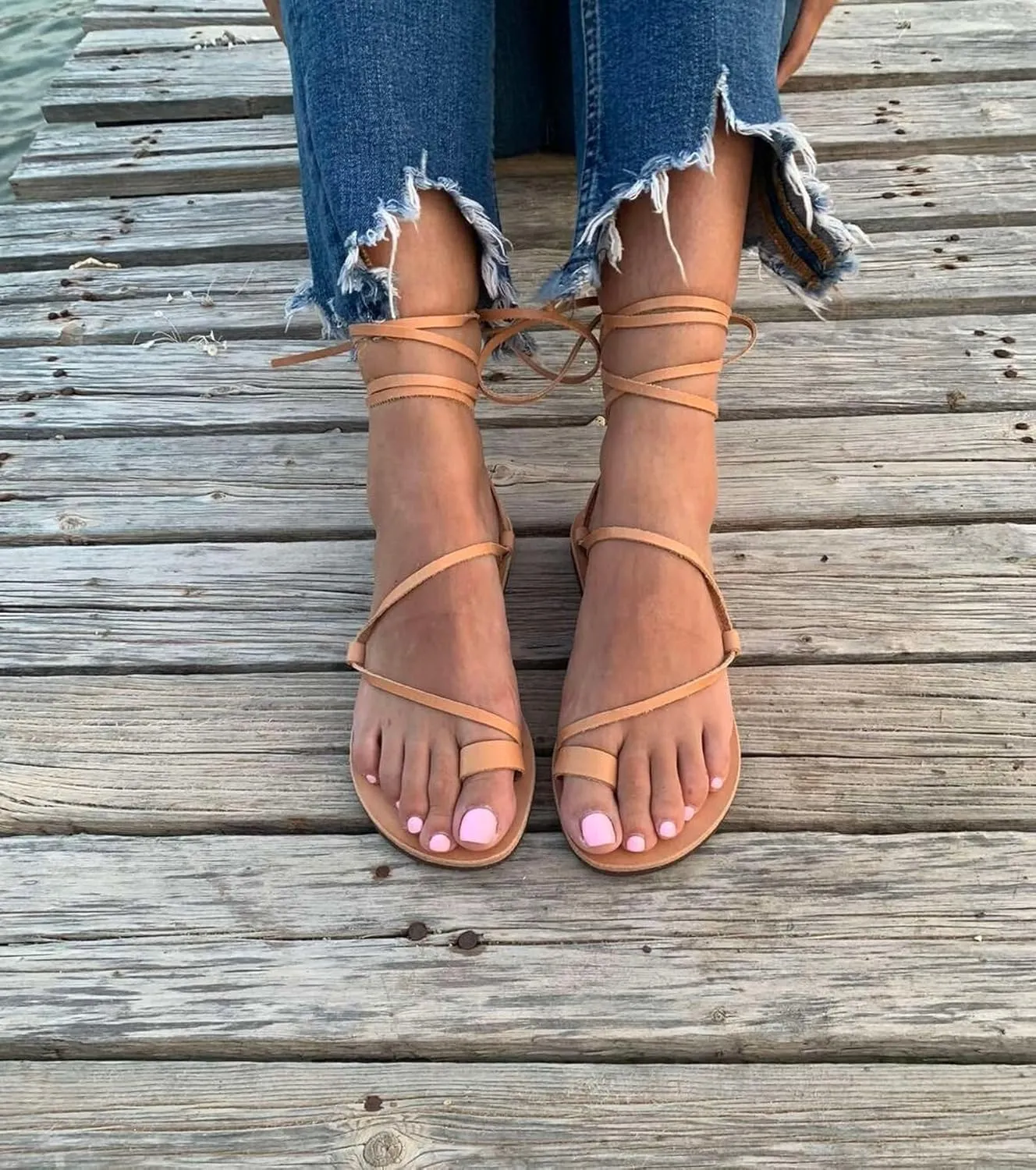 Wrap around lace up black sandals, Greek Sandals, ankle wrap straps, Gladiator sandals, ring toe flats for women, Summer Tie up sandals (US9, Natural)
