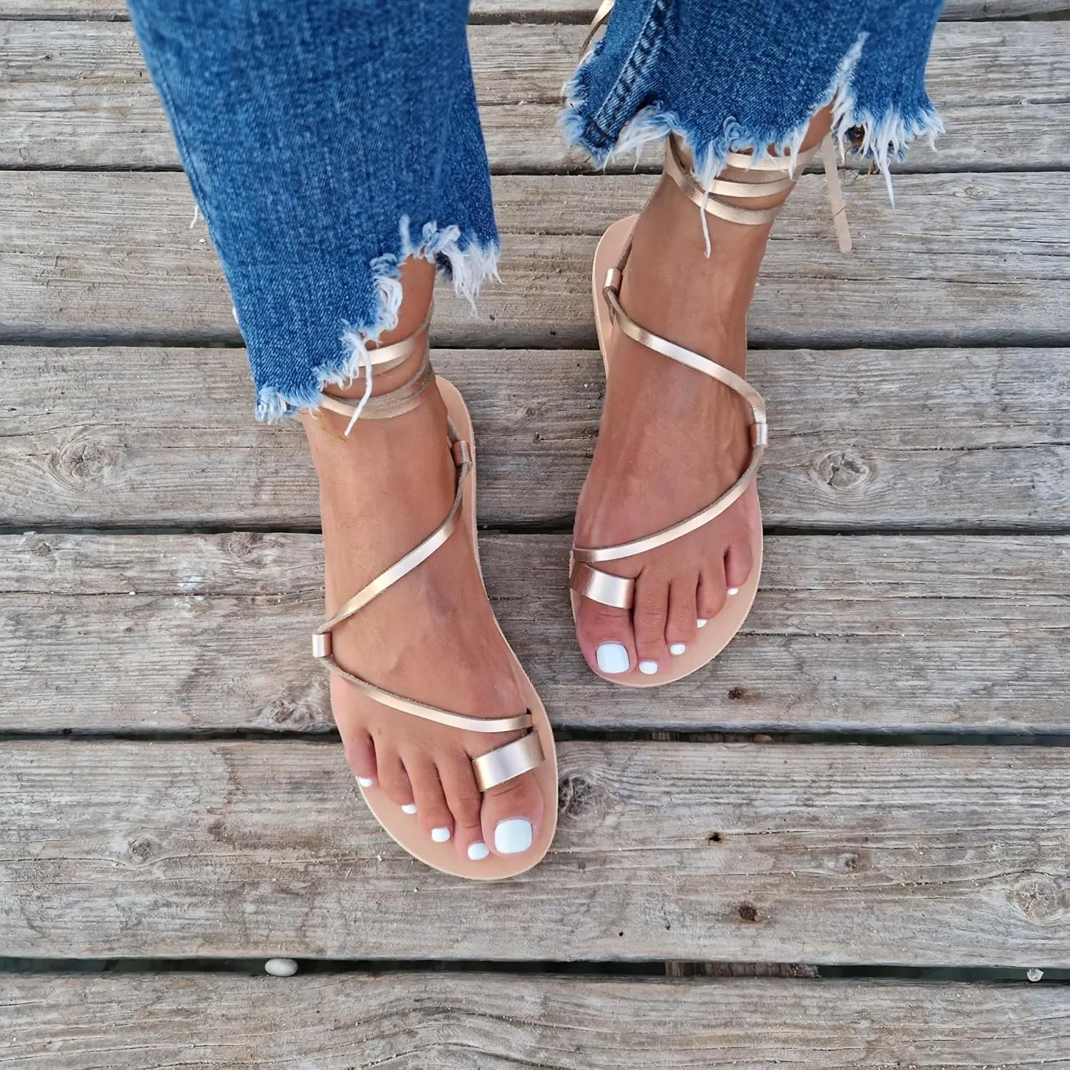 Wrap around lace up black sandals, Greek Sandals, ankle wrap straps, Gladiator sandals, ring toe flats for women, Summer Tie up sandals (US9, Natural)