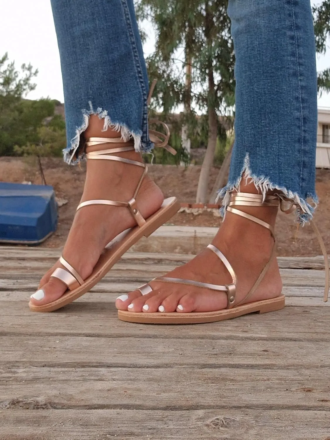 Wrap around lace up black sandals, Greek Sandals, ankle wrap straps, Gladiator sandals, ring toe flats for women, Summer Tie up sandals (US9, Natural)
