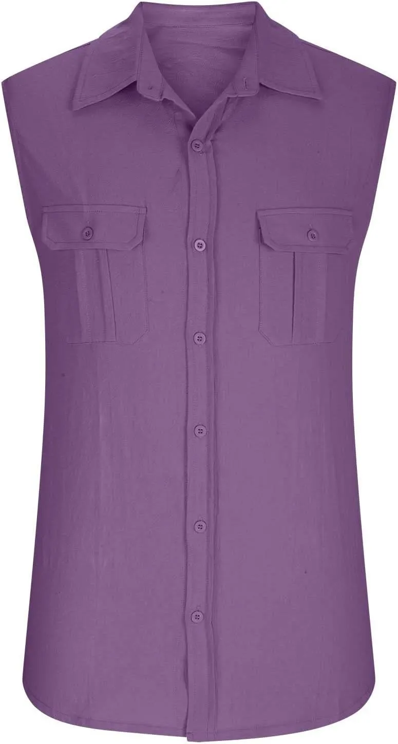 Xiaojmake Mens Sleeveless Button Down Shirts Collared Cotton Linen T-Shirt Summer Beach Basic Tank Tops Vest with Pockets