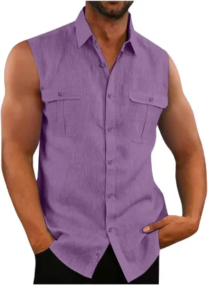 Xiaojmake Mens Sleeveless Button Down Shirts Collared Cotton Linen T-Shirt Summer Beach Basic Tank Tops Vest with Pockets