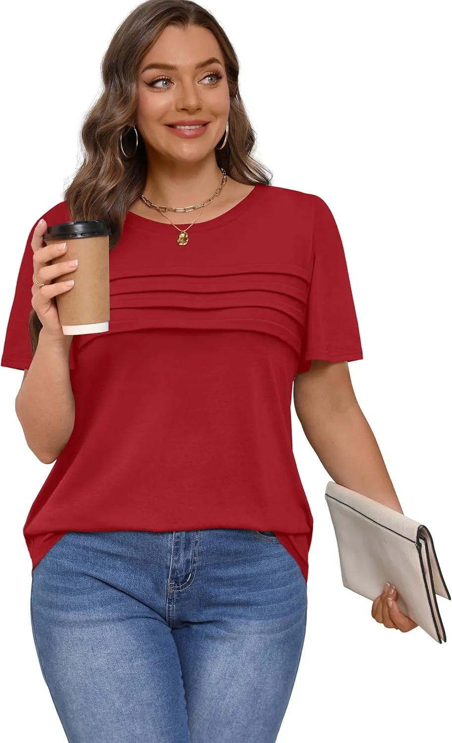 XIEERDUO Women's Pleated Tops Dressy Casual Short Sleeve T-Shirts Fashion Blouses Loose Curved Hem Long Tunic S-3XL