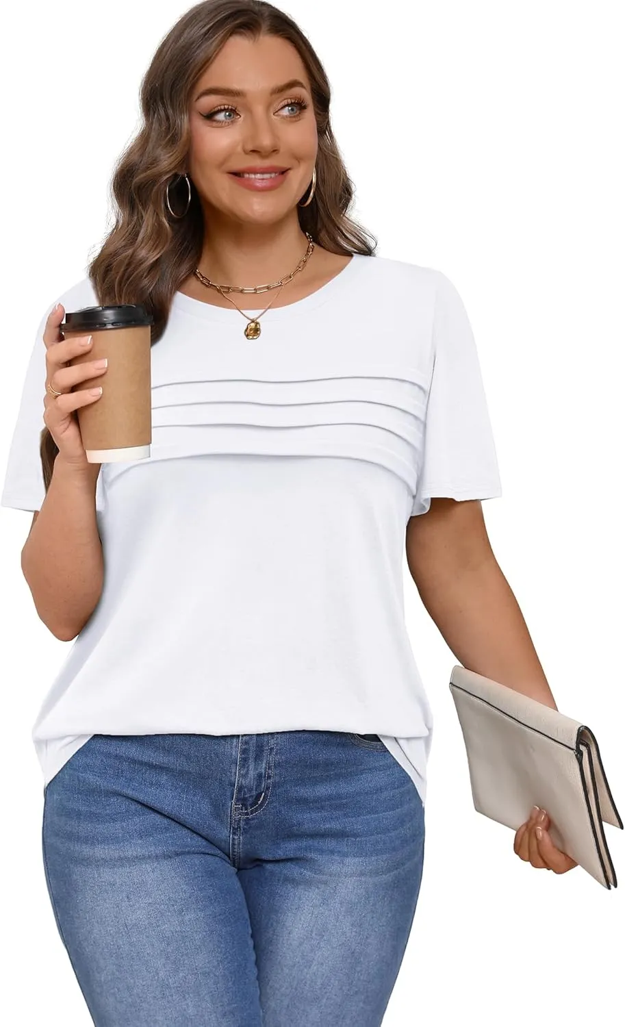 XIEERDUO Women's Pleated Tops Dressy Casual Short Sleeve T-Shirts Fashion Blouses Loose Curved Hem Long Tunic S-3XL